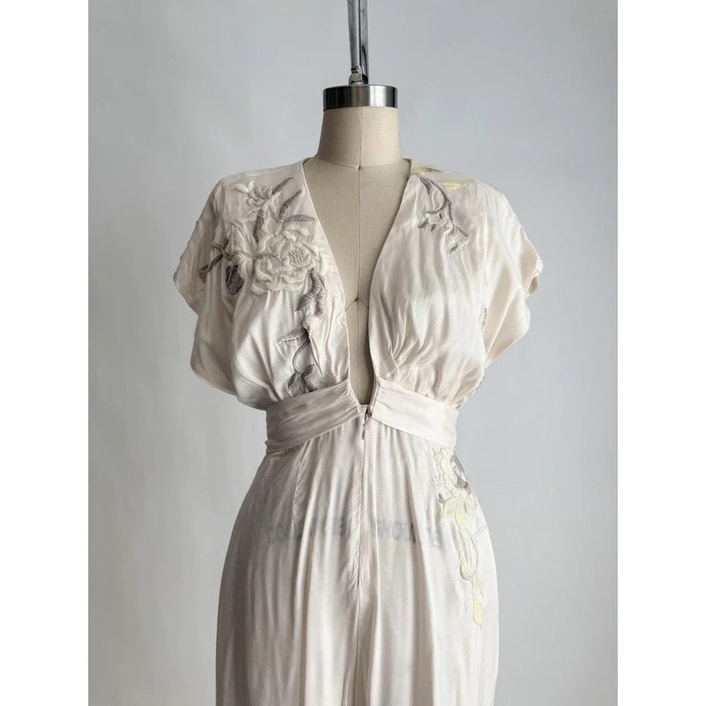 Free People In the Mood for Love cream‎ embroidered wide leg jumpsuit size S